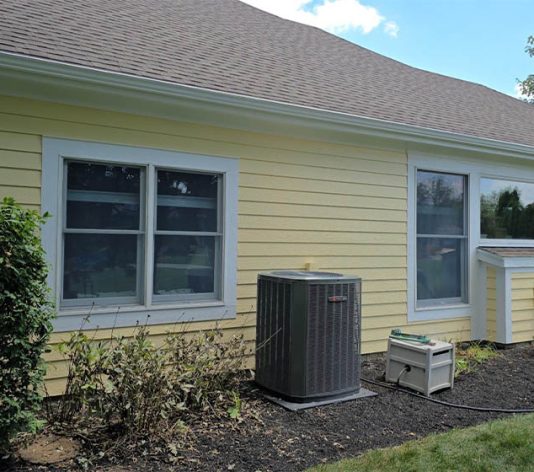 back view of residential house freshly painted yellow